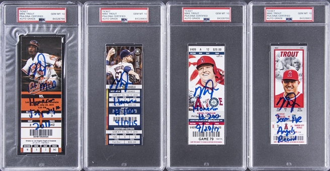 Lot of Four (4) Mike Trout Signed & Incribed Game Tickets From 1st, 100th, 200th & 300th Home Runs (MLB Authenticated and PSA/DNA)         